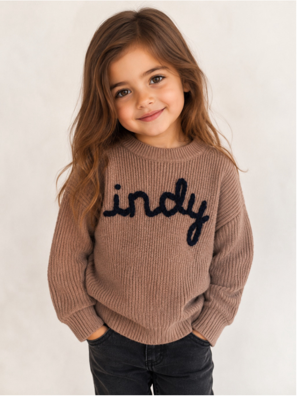 Indy Girls Taupe Ribbed Knit Sweater Name Script Cozy Pullover 110 Handmade Boho